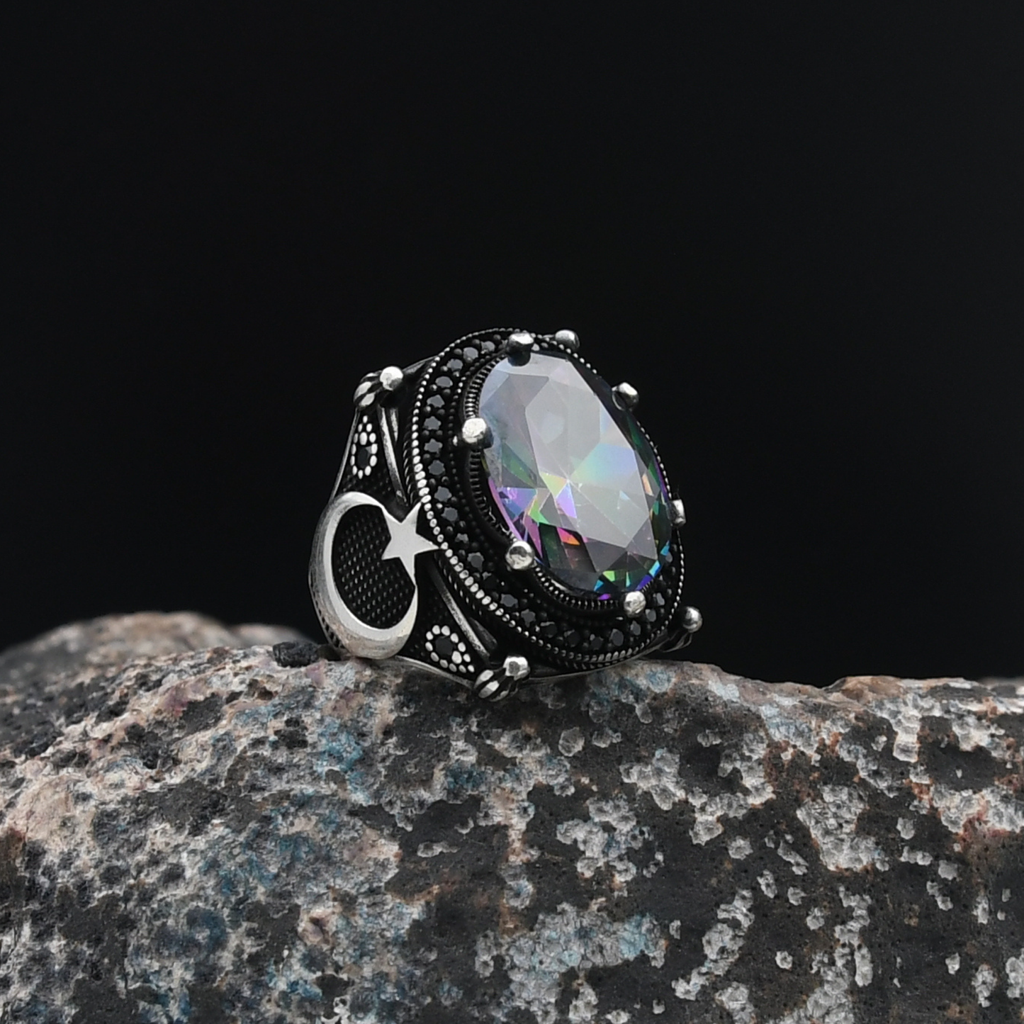 Ay Yıldızlı Mistik Topaz Taşlı Gümüş Yüzük