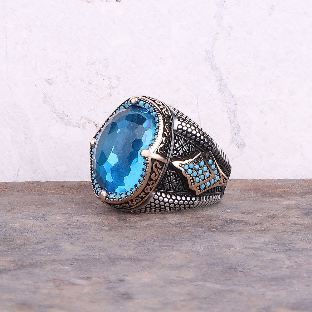 Mavi Topaz Taşlı Erkek Yüzük (YY-028)