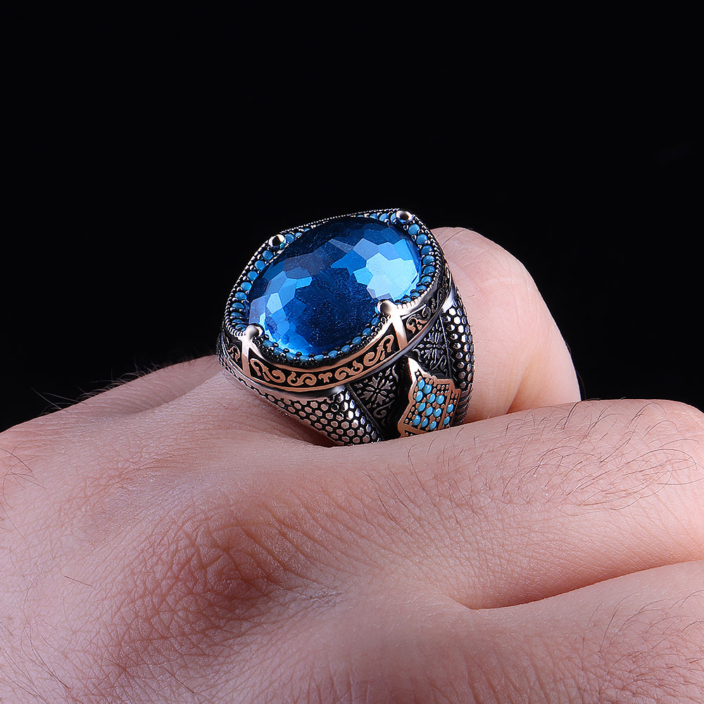 Mavi Topaz Taşlı Erkek Yüzük (YY-028)