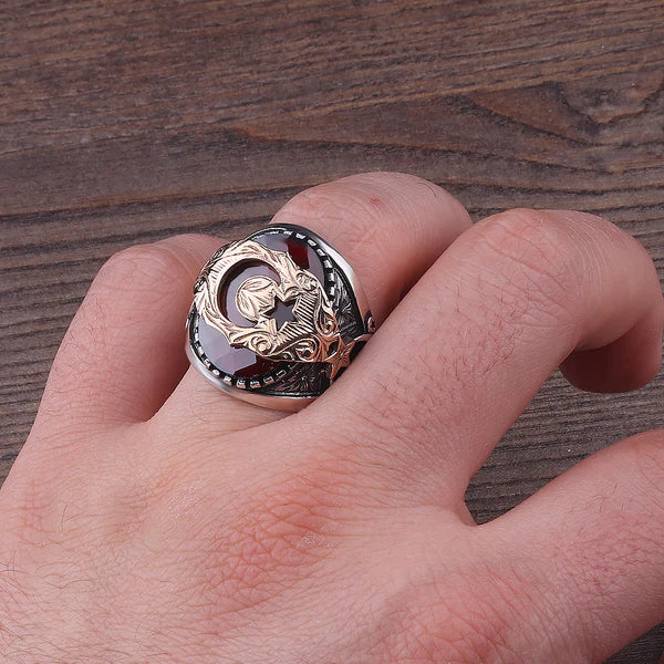 Ay Yıldızlı 925 Ayar Gümüş Erkek Yüzük