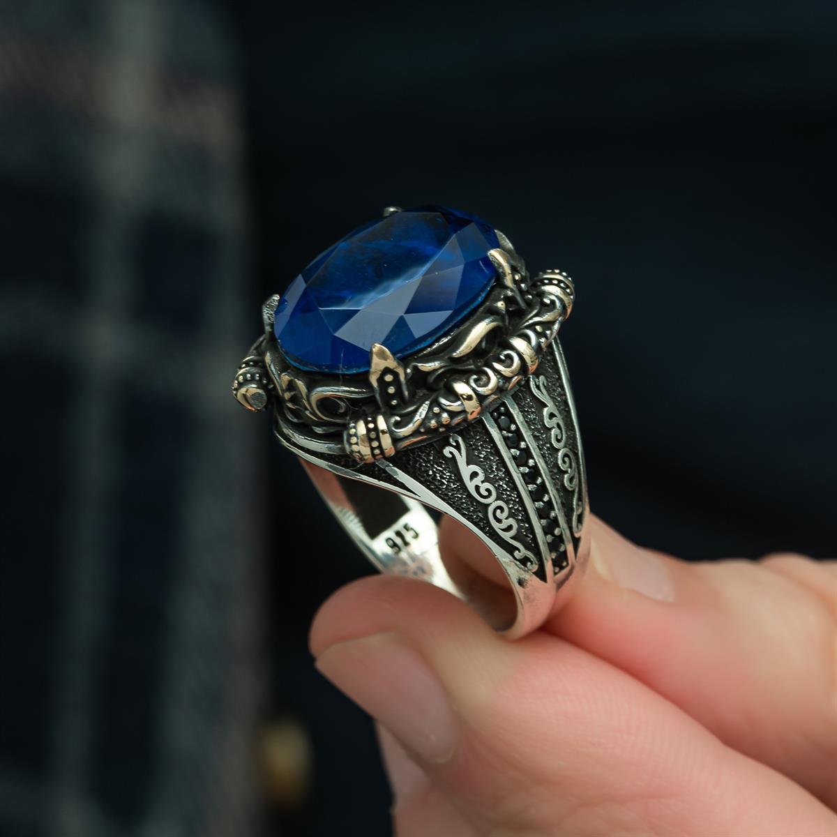 Lacivert Paraiba Taşlı Erkek Gümüş Yüzük (YY-027)