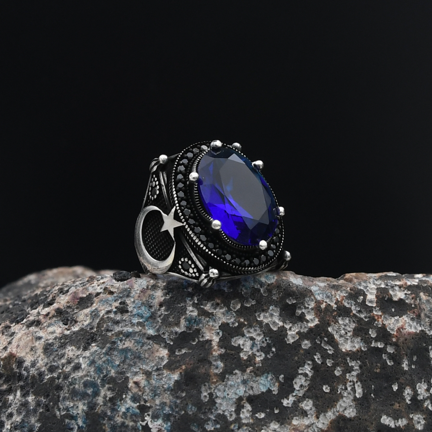 Ay Yıldızlı Lacivert Zirkon Taşlı Gümüş Yüzük