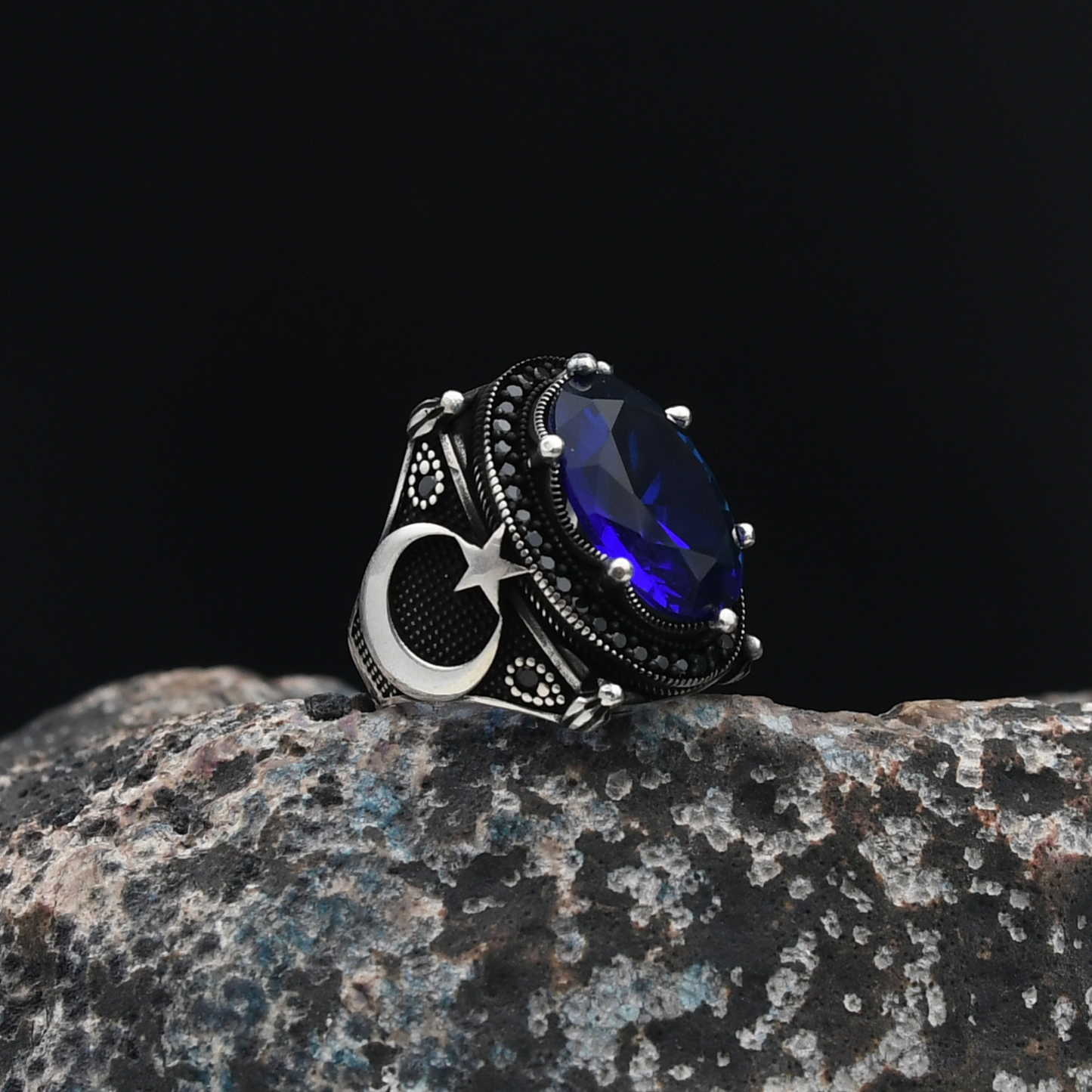 Ay Yıldızlı Lacivert Zirkon Taşlı Gümüş Yüzük