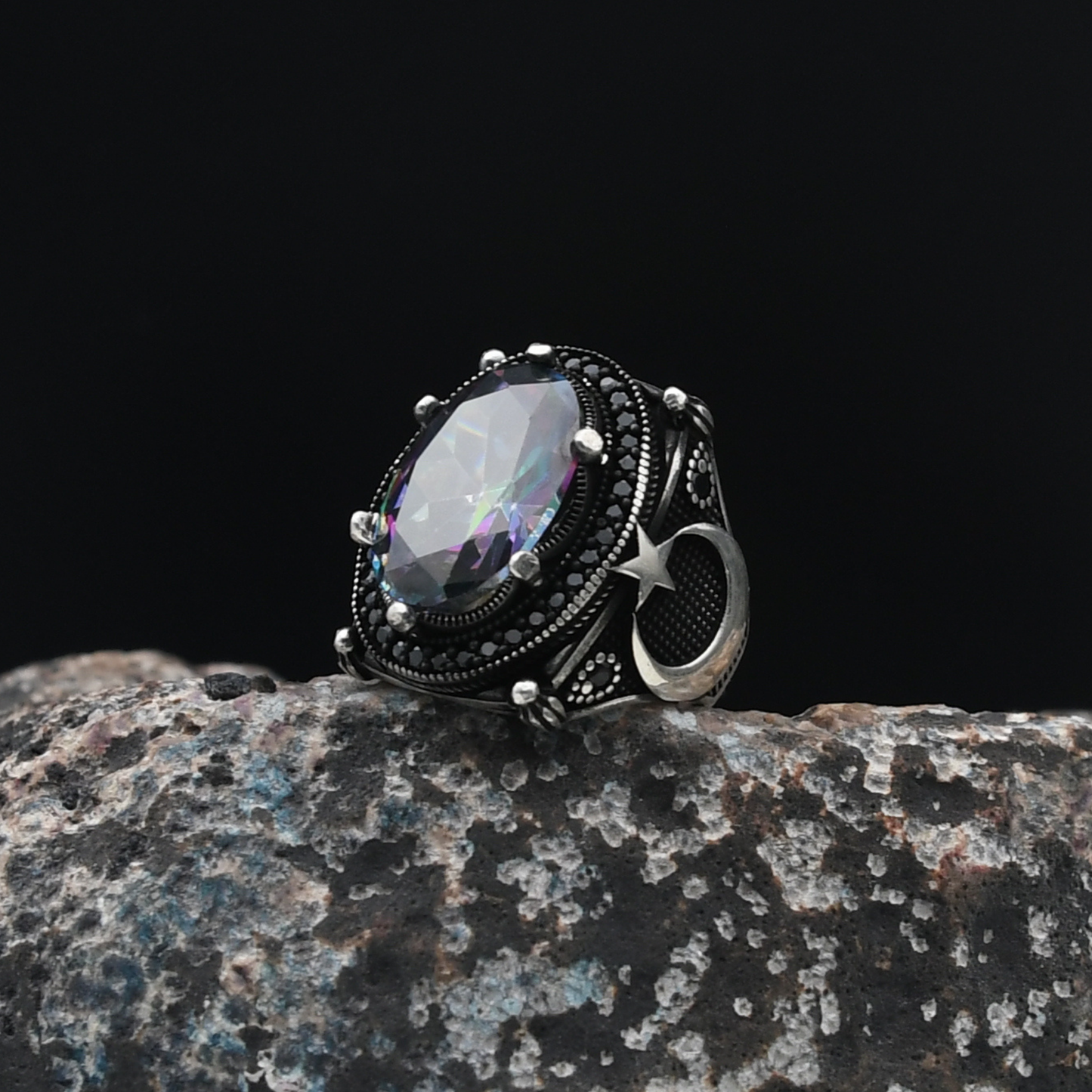 Ay Yıldızlı Mistik Topaz Taşlı Gümüş Yüzük