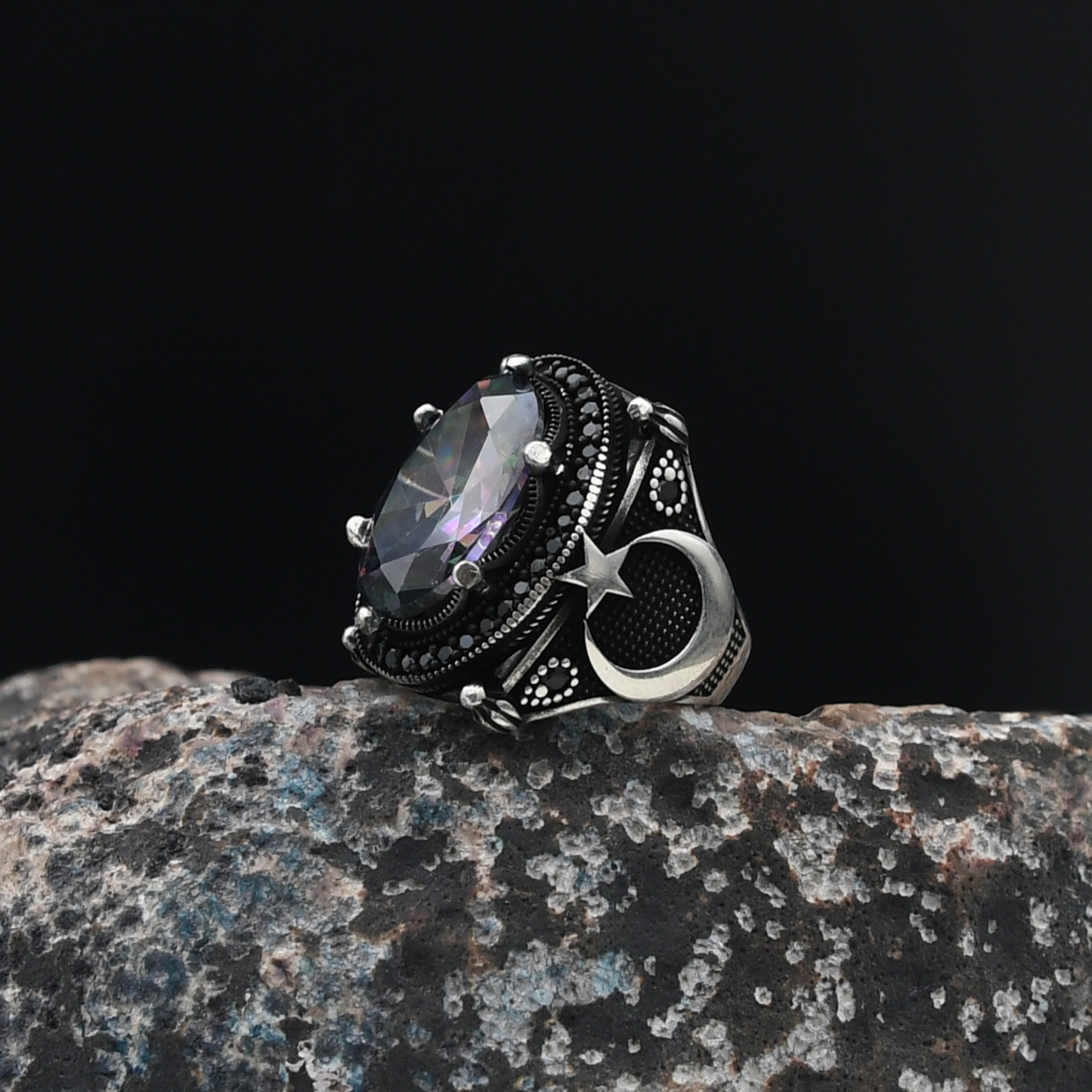 Ay Yıldızlı Mistik Topaz Taşlı Gümüş Yüzük