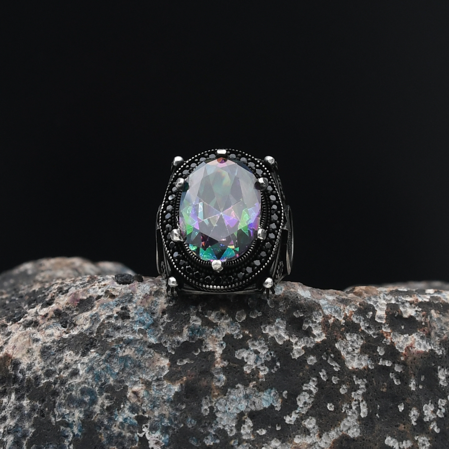 Ay Yıldızlı Mistik Topaz Taşlı Gümüş Yüzük