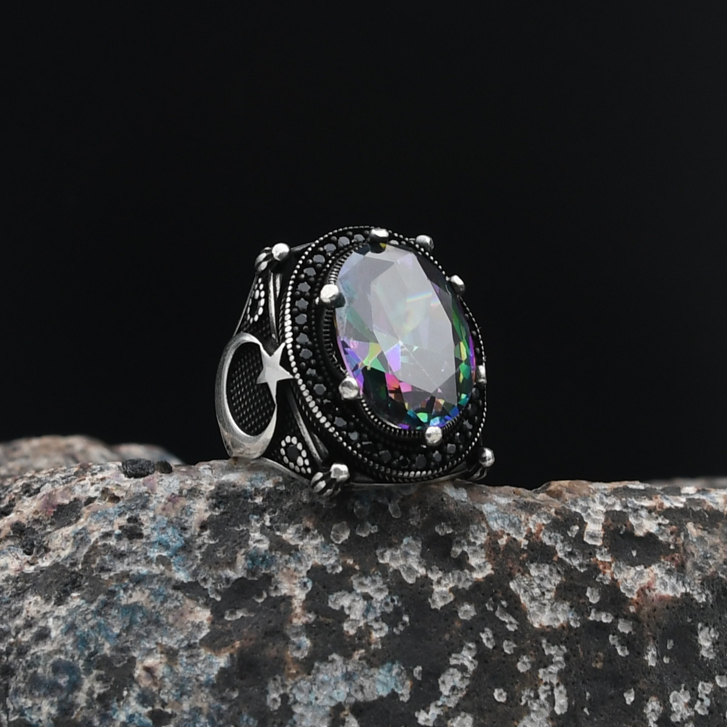 Ay Yıldızlı Mistik Topaz Taşlı Gümüş Yüzük