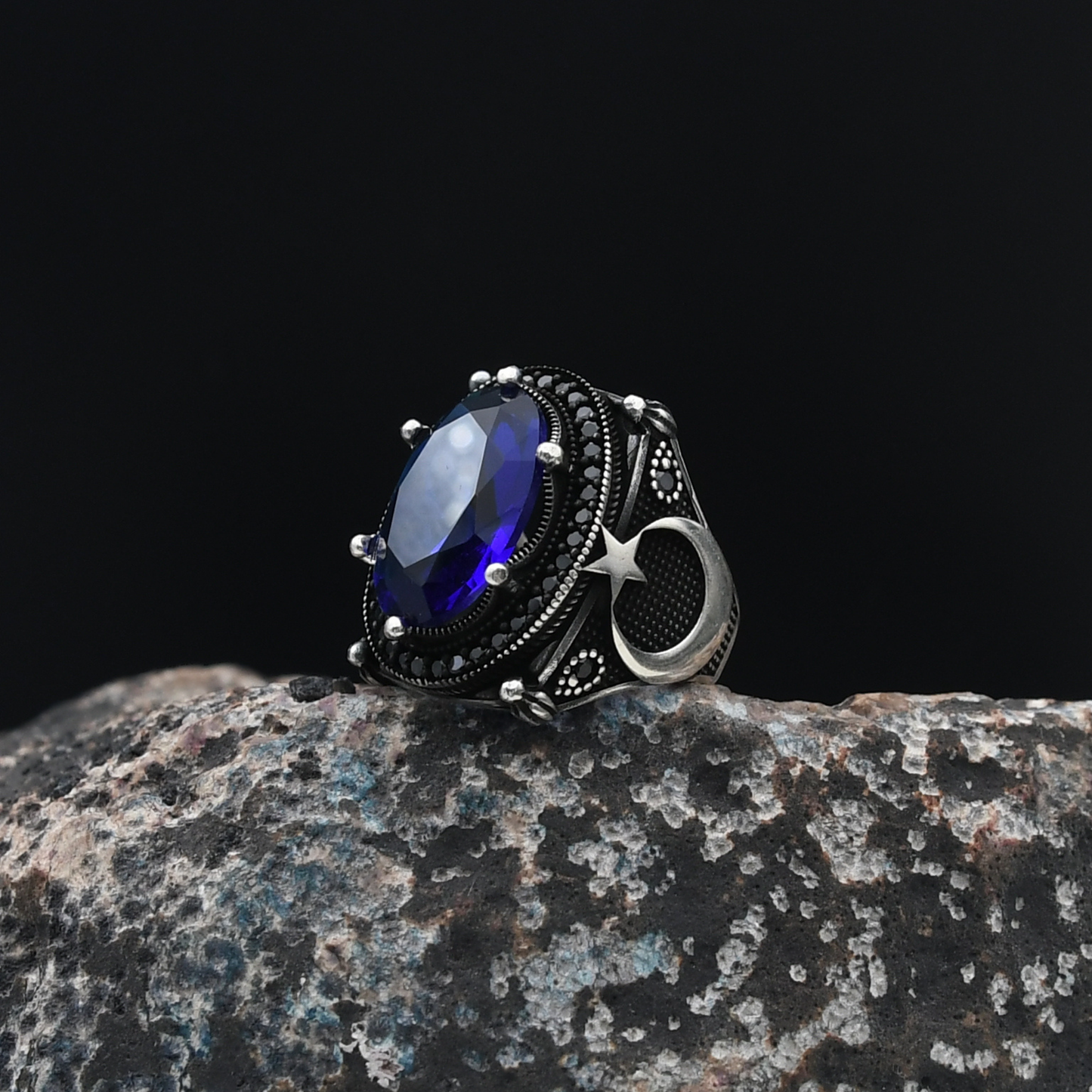 Ay Yıldızlı Lacivert Zirkon Taşlı Gümüş Yüzük