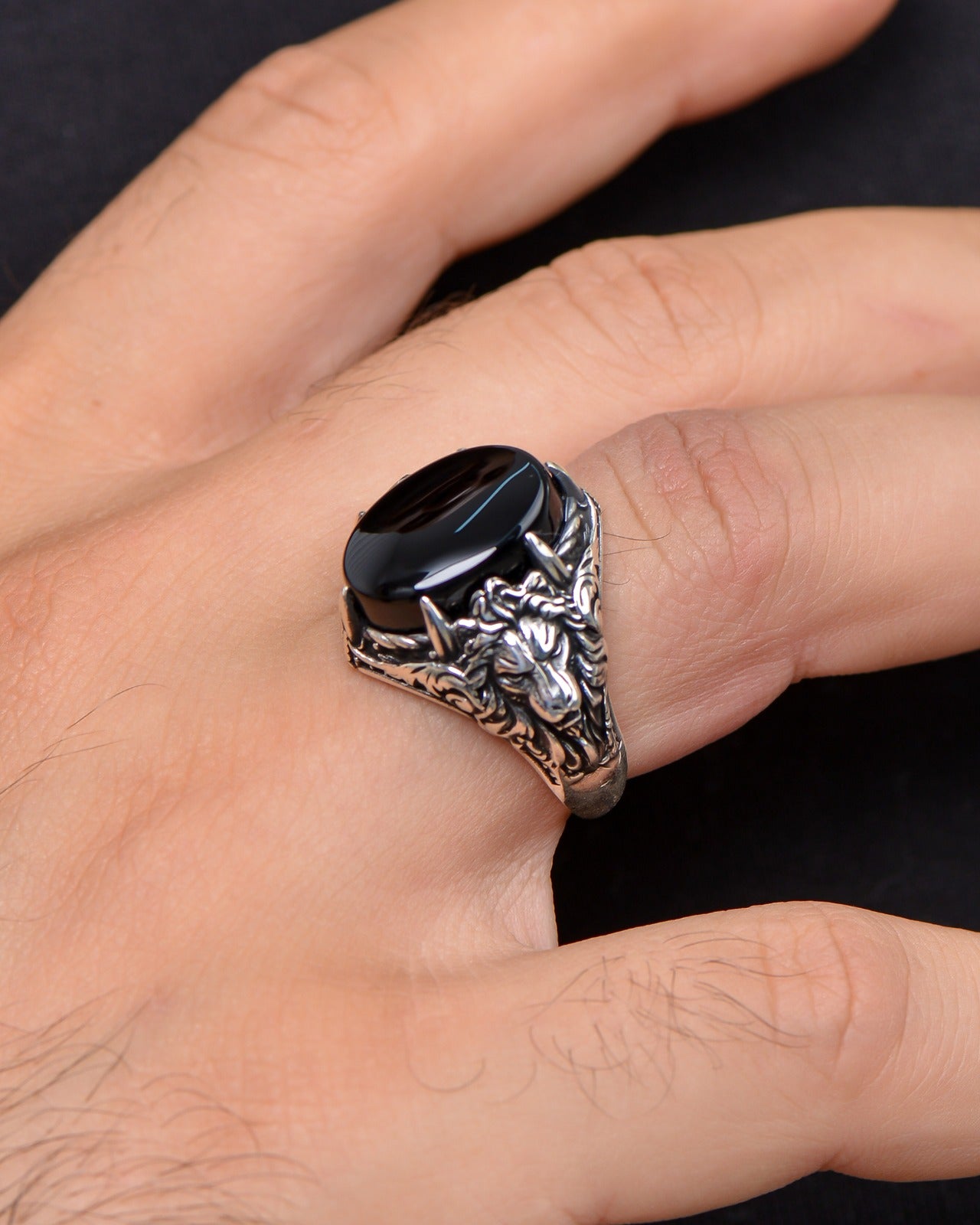 Aslan Motifli Taşlı Erkek Yüzük (PS-002)