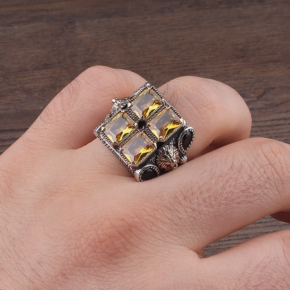 Aslan Motifli Sitrin Taşlı Gümüş Yüzük