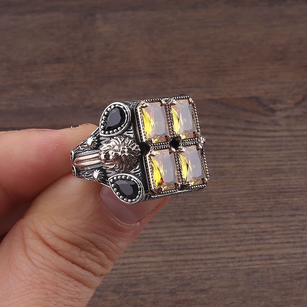 Aslan Motifli Sitrin Taşlı Gümüş Yüzük