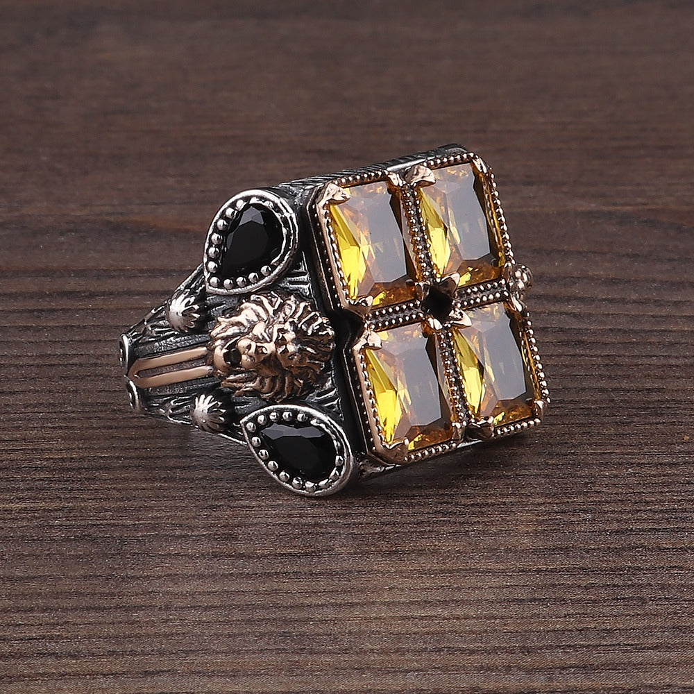 Aslan Motifli Sitrin Taşlı Gümüş Yüzük