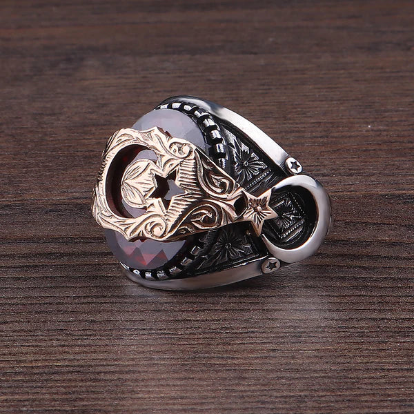 Ay Yıldızlı 925 Ayar Gümüş Erkek Yüzük