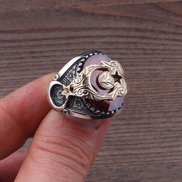 Ay Yıldızlı 925 Ayar Gümüş Erkek Yüzük