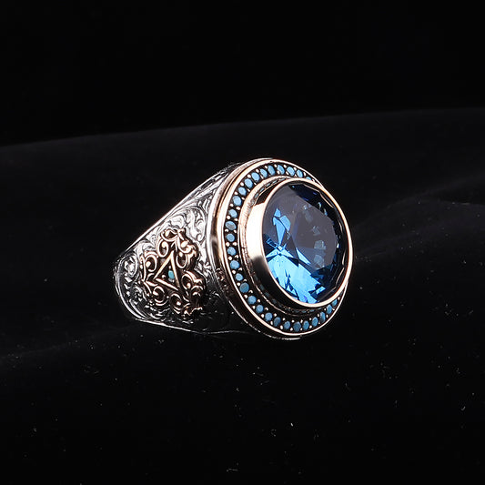Aquamarine Taşlı Yuvarlak Gümüş Yüzük