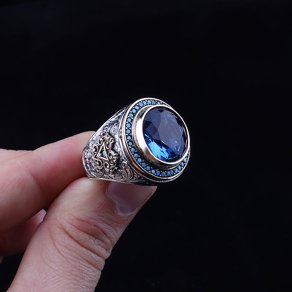 Aquamarine Taşlı Yuvarlak Gümüş Yüzük
