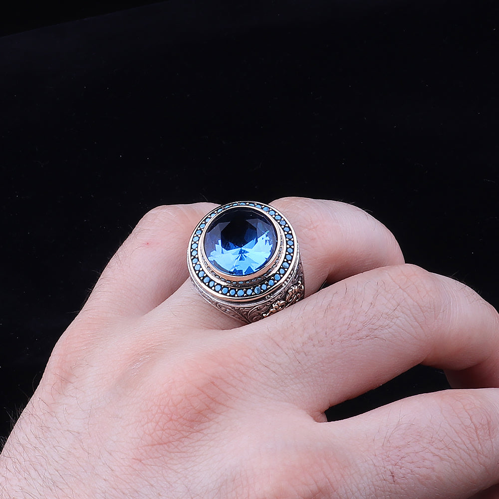 Aquamarine Taşlı Yuvarlak Gümüş Yüzük