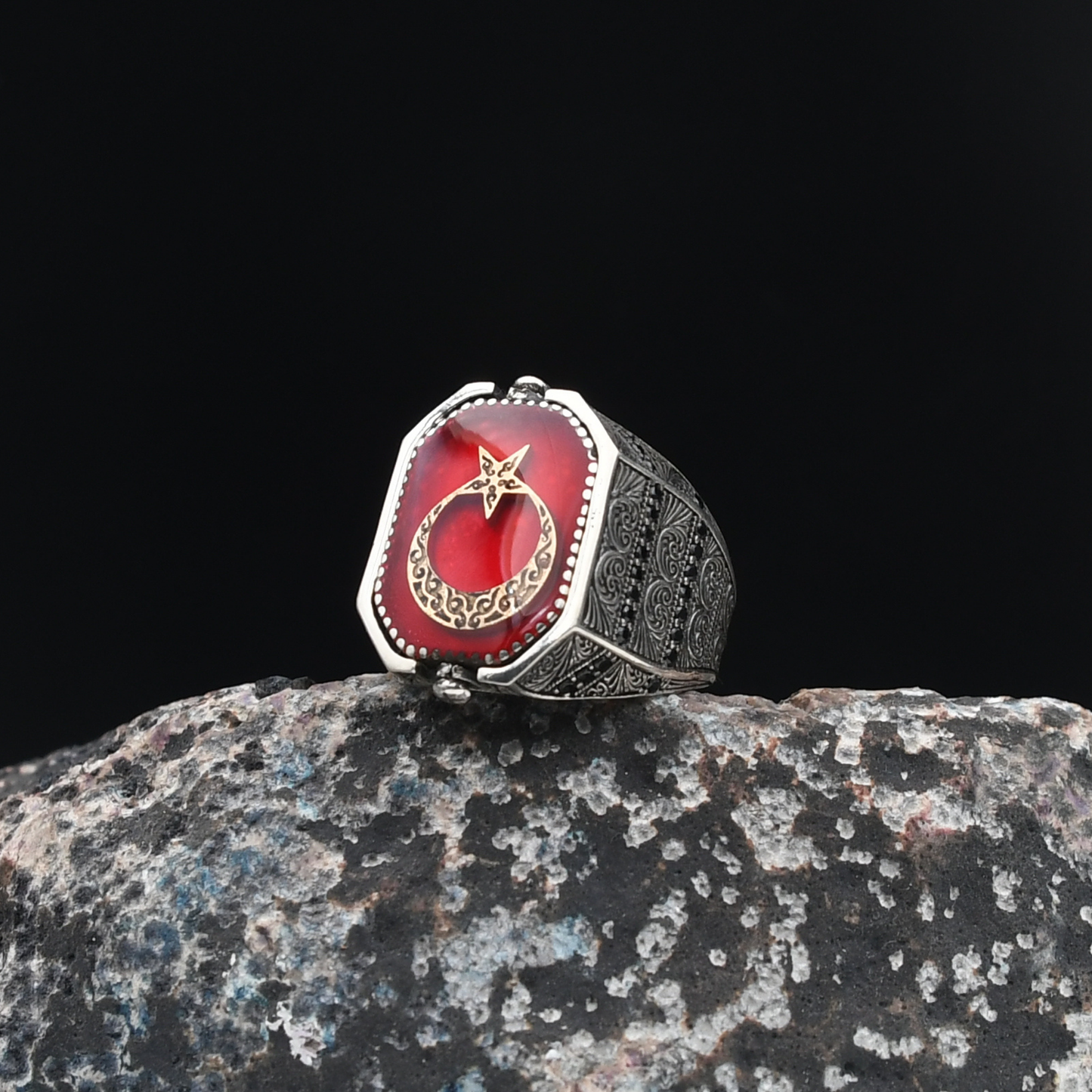 Ay Yıldızlı Ve Süleyman Mühürlü Gümüş Yüzük