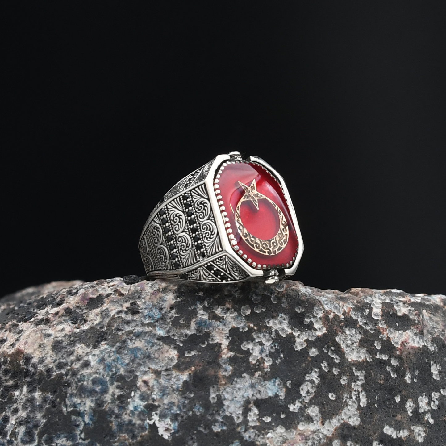 Ay Yıldızlı Ve Süleyman Mühürlü Gümüş Yüzük