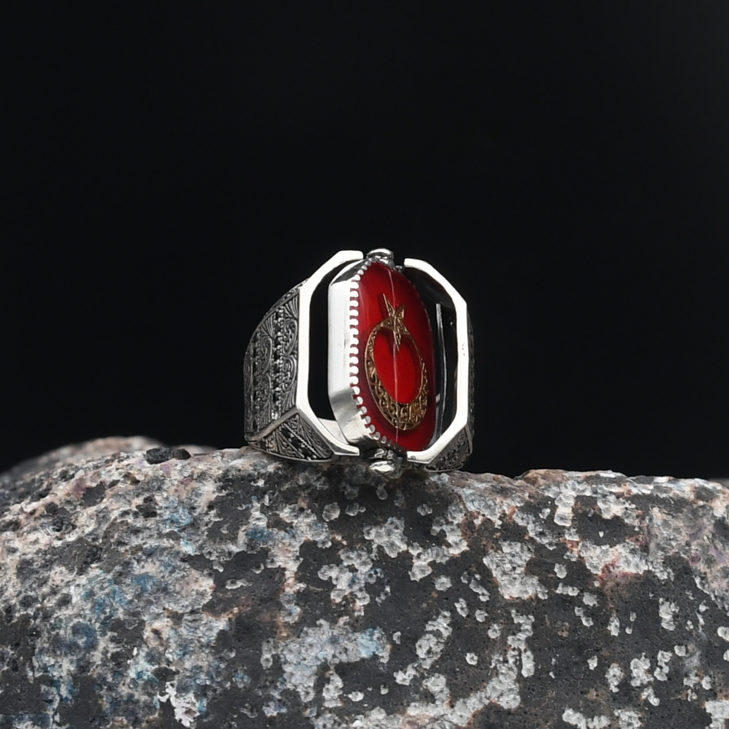 Ay Yıldızlı Ve Süleyman Mühürlü Gümüş Yüzük