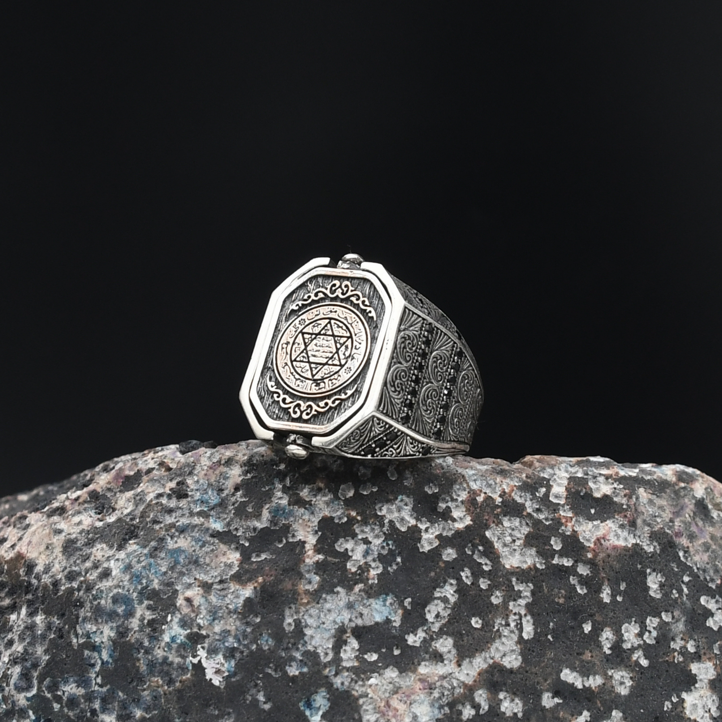 Ay Yıldızlı Ve Süleyman Mühürlü Gümüş Yüzük