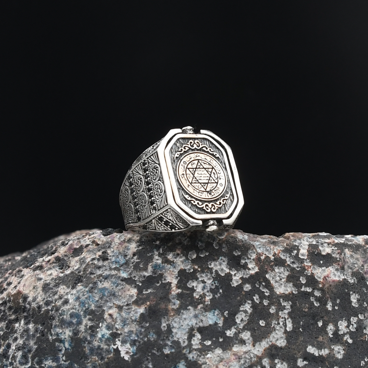 Ay Yıldızlı Ve Süleyman Mühürlü Gümüş Yüzük